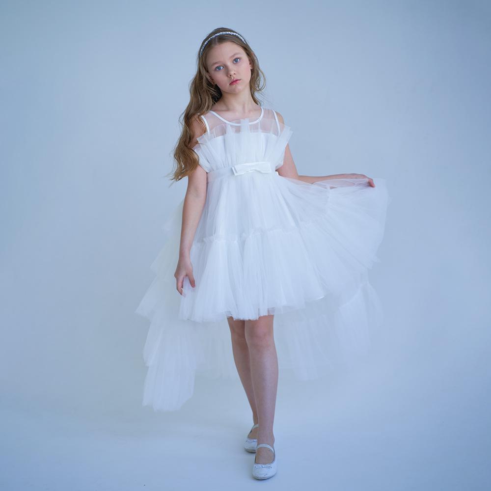 Girls' Princess Layered Puffy Train Gown for Piano Performances & Runway