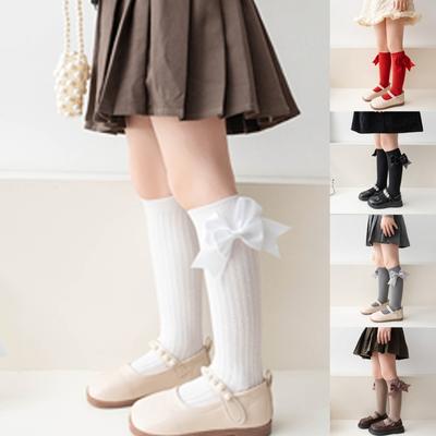 Girls Knee High Cotton Socks Big Ribbons Bow Back To School Socks, Ribbons Bows Long Socks Uniform Party Wear Stockings