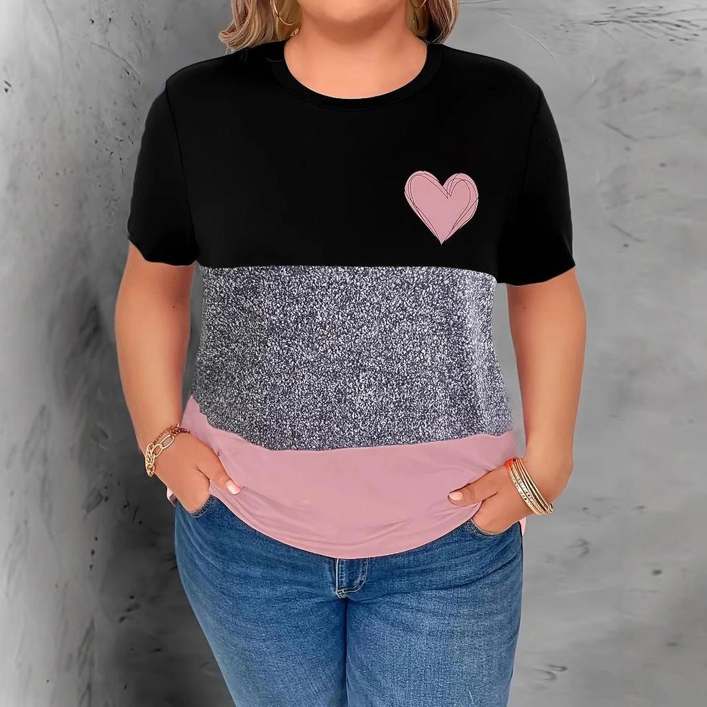 Women's Casual Round-neck Loose Heart-shaped Printed Color-blocking Large-sized Short-sleeved Top