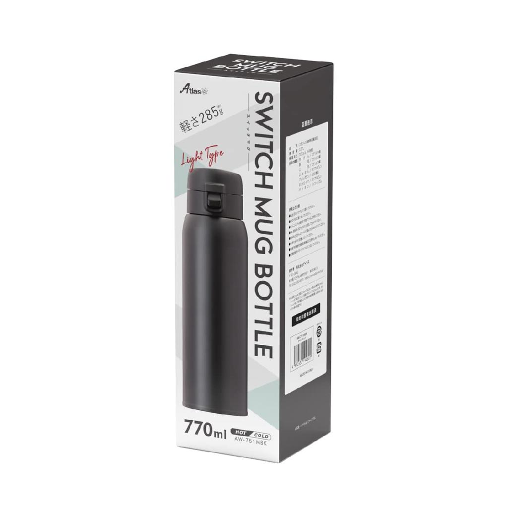 Atlas 770ml Water Vacuum Double Stainless Switch Matte for Hot and Cold Water AW-771MBK Bottle, Lightweight, Insulated, Steel, One-Touch Mug, Black,