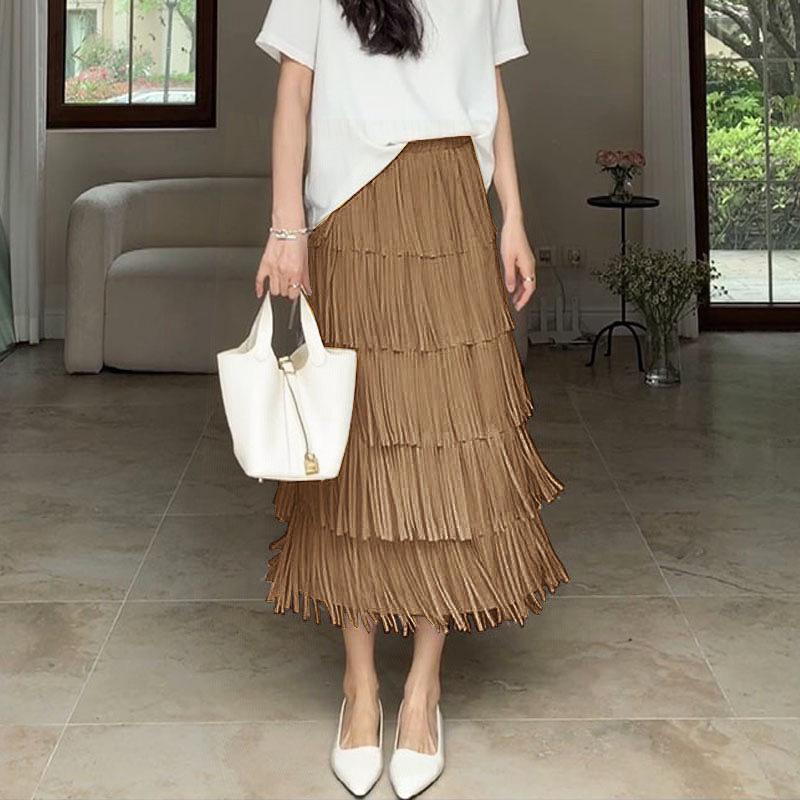 Miyake High-End Women's Tassel Layered Midi Skirt - Versatile & Slimming