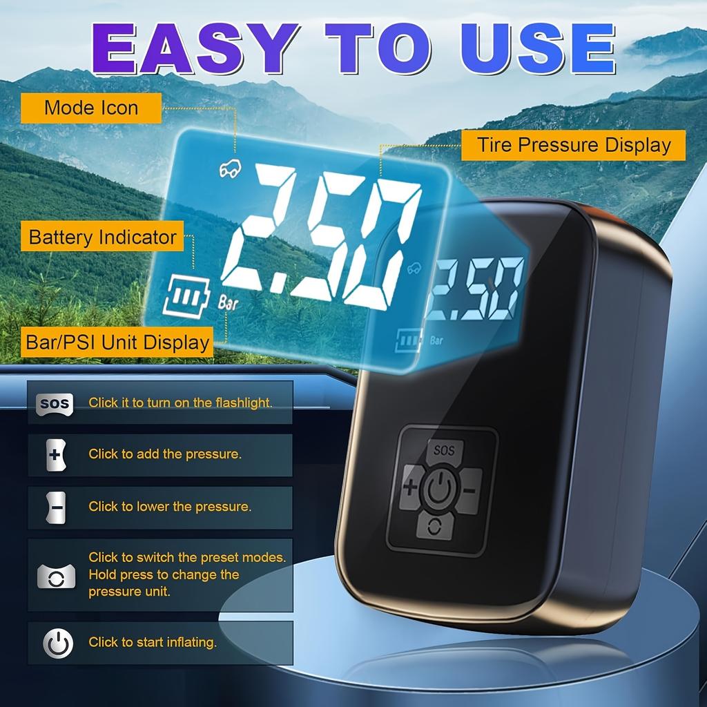 Ultra-Fast 150W Portable Car Tire Inflator with LED Light - USB Rechargeable, Safe & Efficient Air Compressor for Cars, Motorcycles & Balls