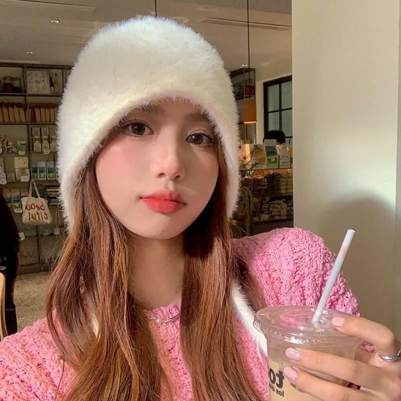 Imitation Mink Fur Lace-up Pullover Cap Women Plush Fisherman Hat Winter Warm Ear Protection Headgear Bonnet Solid Velvet Beanie