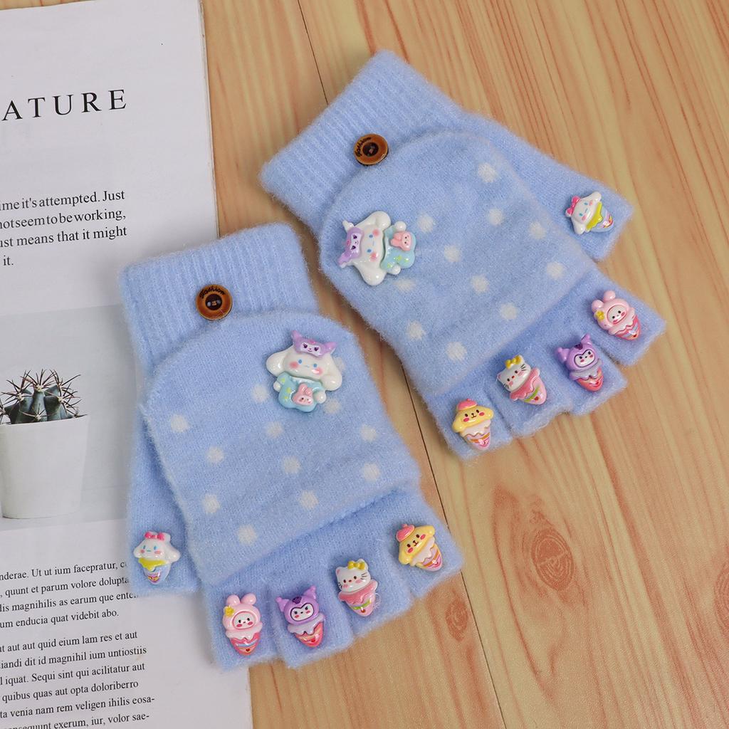 Children's gloves girl-year-old cartoon cute half-finger flip to keep warm knitted wool Nantong thickened to keep warm
