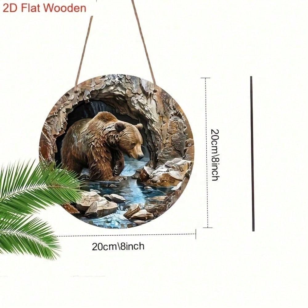 Brown Bear Metal Wall Art, Rustic Woodland Animal Decor, 2D Flat Steel Landscape with River Rocks, Wildlife Scene for Home Living Room