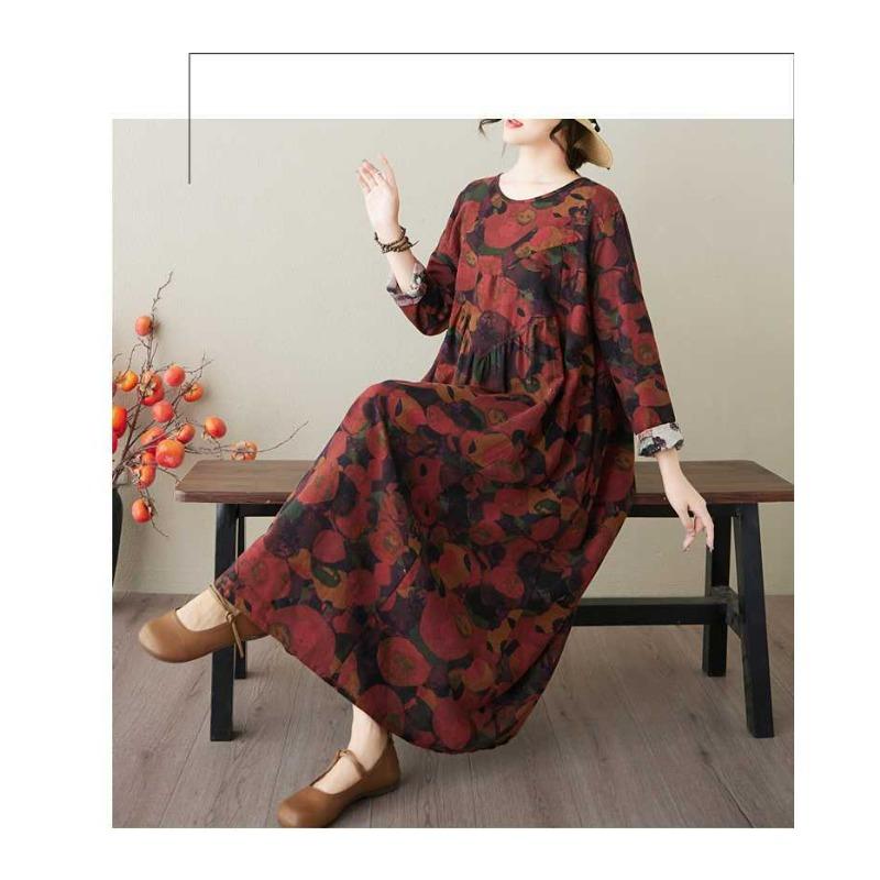 Spring and Summer New Style Retro Cotton and Hemp Round Collar Pocket Long-sleeved Dress Female Loose Thin A Line Skirt