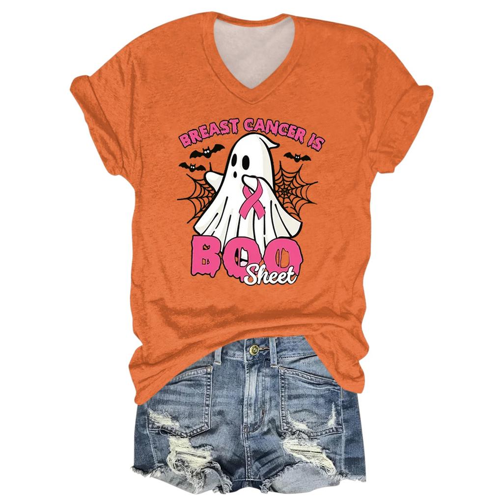Ladies' Casual Halloween Printed V-Neck Short Sleeved T-Shirt