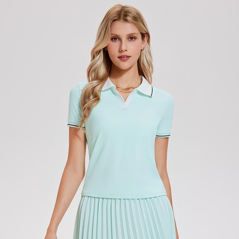 

Sportful Tennis Clothes Women s Straight Shoulder Slim Polo-neck Short-sleeved T-shirt Summer Golf V-neck Temperament Lapel Top M м ята зелений колір