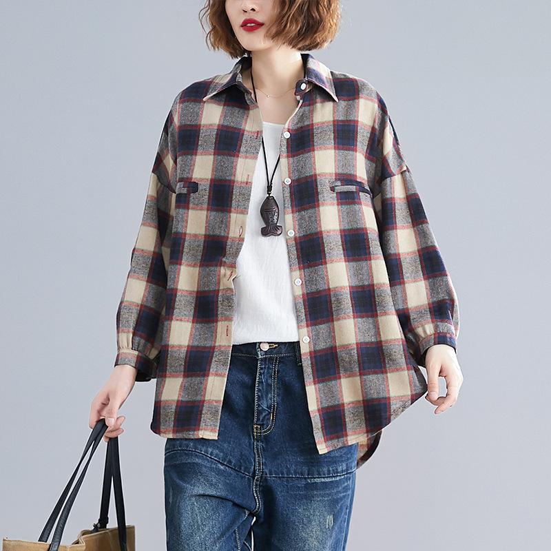 1116 large size women's clothing 55.5 kg fat mm versatile loose and thin cardigan plaid shirt jacket