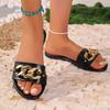 Fashion 2025 New Fashion Women Slippers Square Toe Chain Slippers Flat Beach Sandals  Metal Decoration Casual Shoes Home Slides Women
