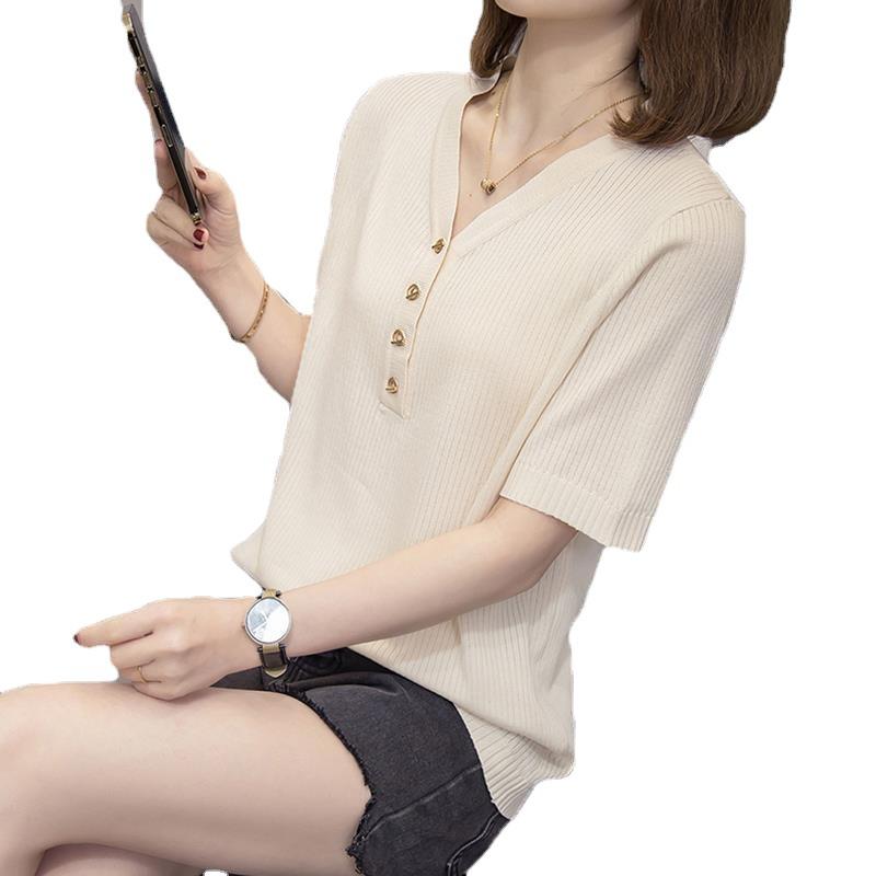 Basic Editions T Shirts Womens Summer Large Size Thin Fashion V-neck Short-sleeved Knit Shirt Body Shirt