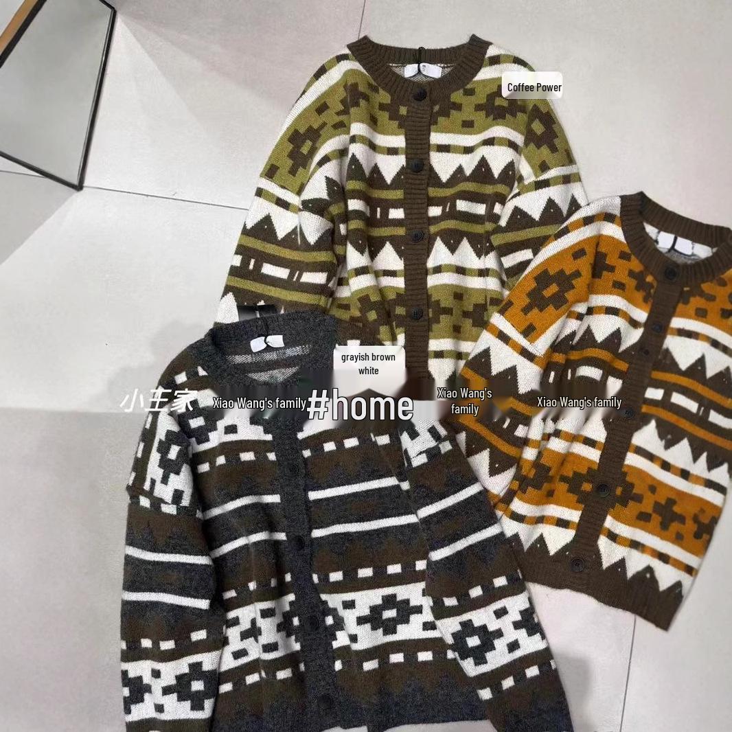 

Xiao Wang s 19268 Winter Korean Plus Size Casual Print Knit Cardigan Sweater One Size