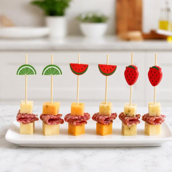 100PCS Disposable Fruit Tags, with Cartoon Fruit Decor Cocktail Picks, Durable Bamboo Skewers, for Fruits Barbecue Cocktails Cakes