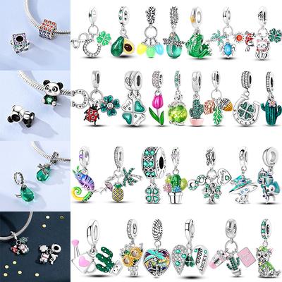 New 925 Silver Cactus Four Leaf Clover Charm Spring Green Series Bead Pendant For Original Beads Bracelet DIY Jewelry