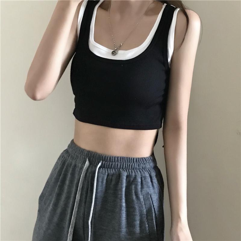 Women's Fake Two-Piece Crop Tank Top, Ribbed Cotton Sleeveless Camisole