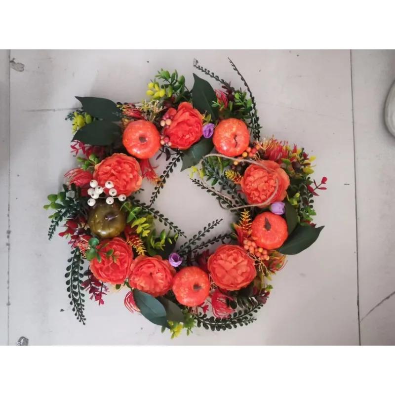 Autumn Flower Wreath Front Door Flower Wreath Outdoor Leaf Pumpkin Flower Wreath Thanksgiving Porch Decoration