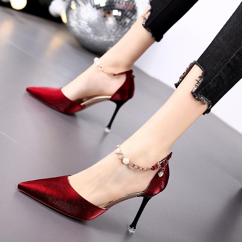 

Pointed high heels women s summer new hollow sandals stiletto burgundy single shoes one-button high-heeled sandals 34