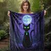 1pc Glow-in-the-Dark Black Cat Moonlit Forest Flannel Blanket - 2D Printed, Soft & Cozy Throw for Sofa, Bed, Car, Office, Campin