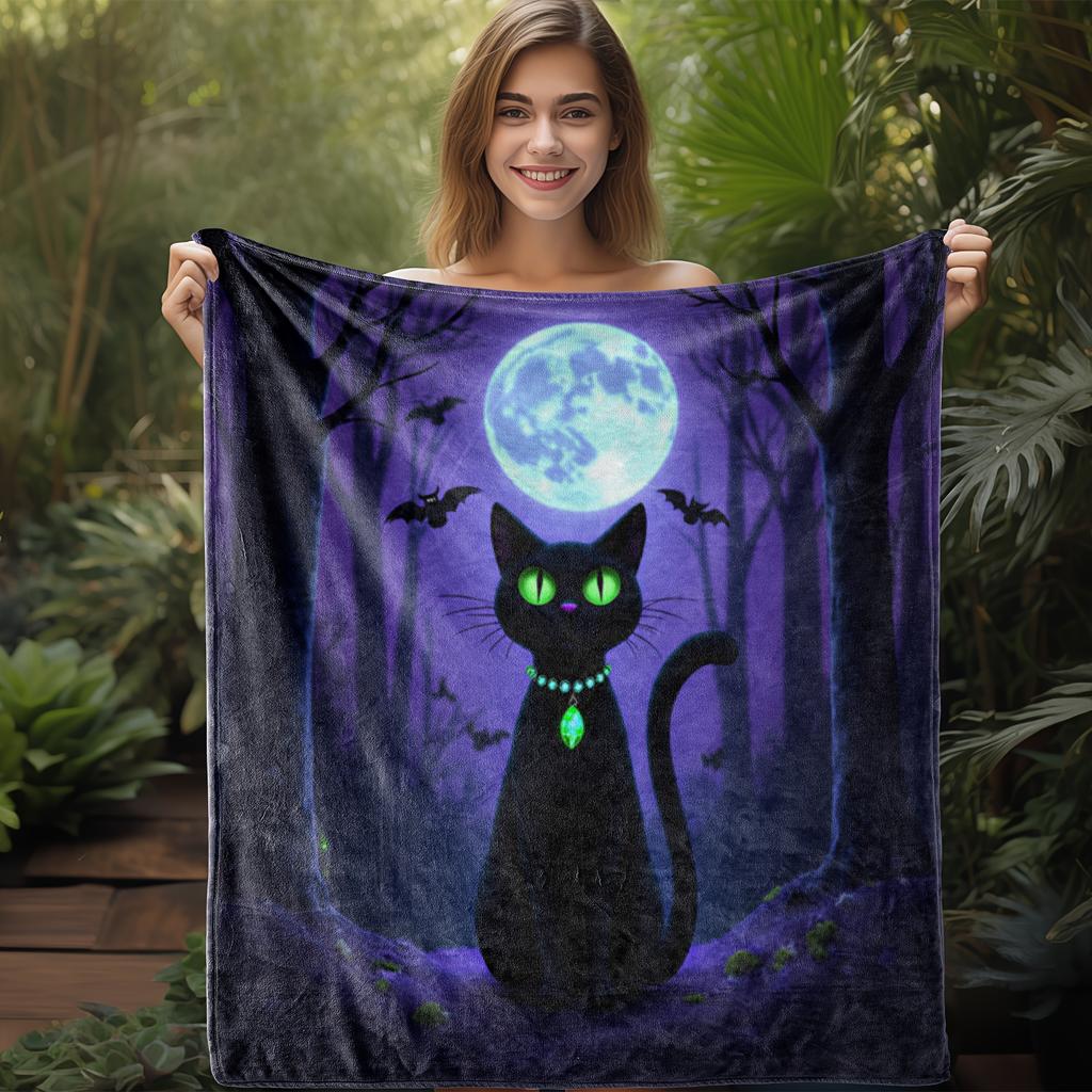1pc Glow-in-the-Dark Black Cat Moonlit Forest Flannel Blanket - 2D Printed, Soft & Cozy Throw for Sofa, Bed, Car, Office, Campin