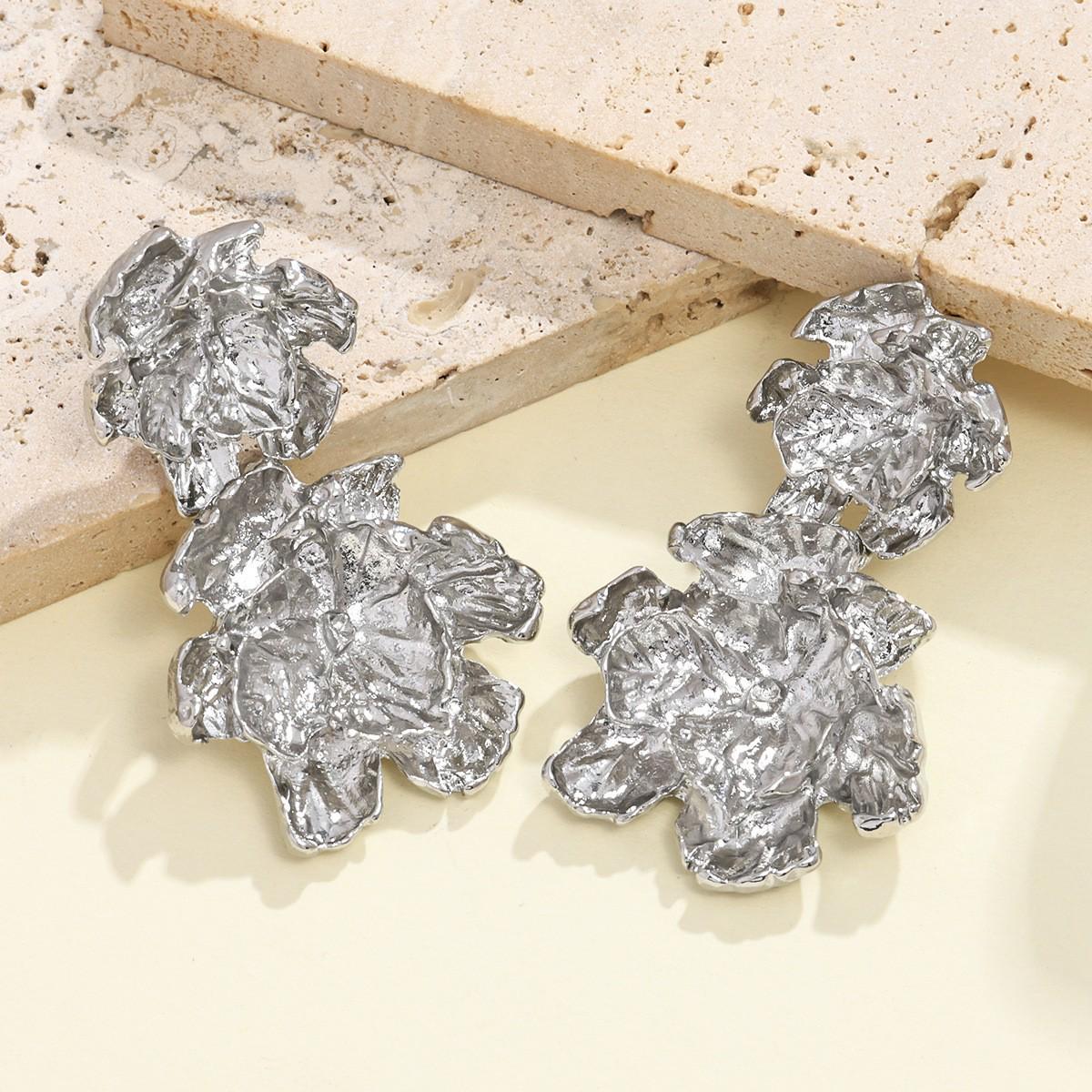 European & American Metallic Floral Stud Earrings - Exaggerated, Three-dimensional, Light Luxury, Double Layer Design