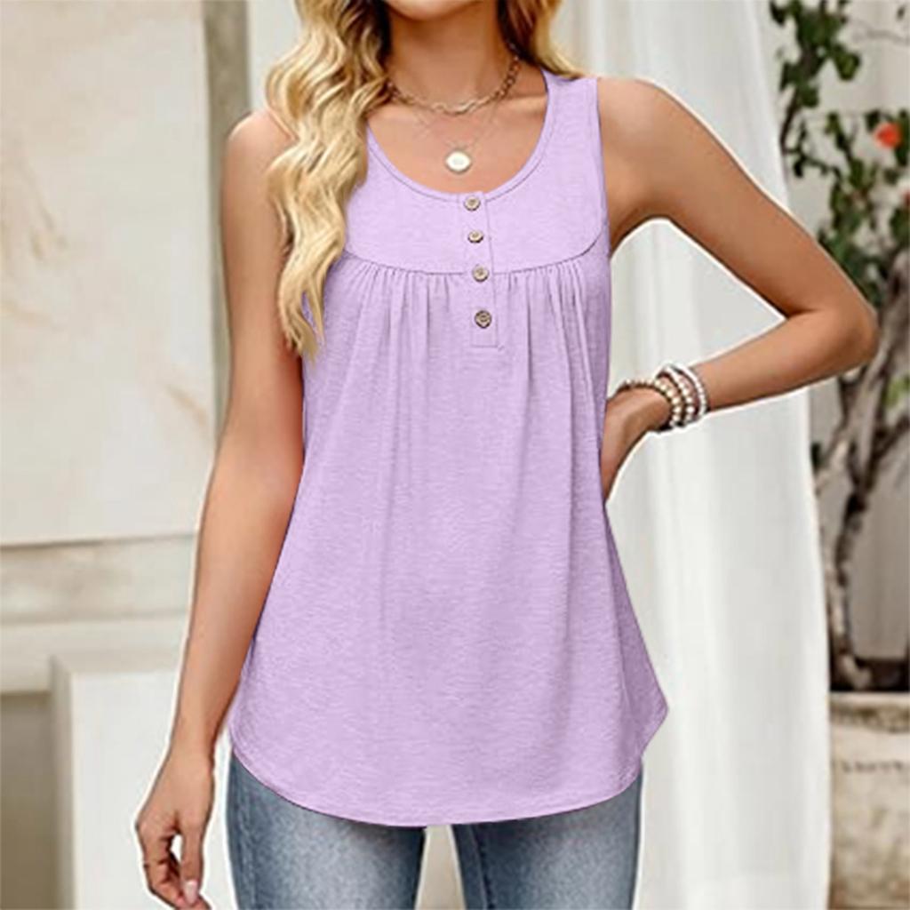 Women's Fashionable Plain Color, Round Neck, Button-Decorated Sleeveless Vest Top, Suitable For Both Inner And Outer Wear.