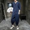 Men's Retro Chinese-Style Cotton & Linen Buttoned Three-Quarter Sleeve T-Shirt and Shorts Set