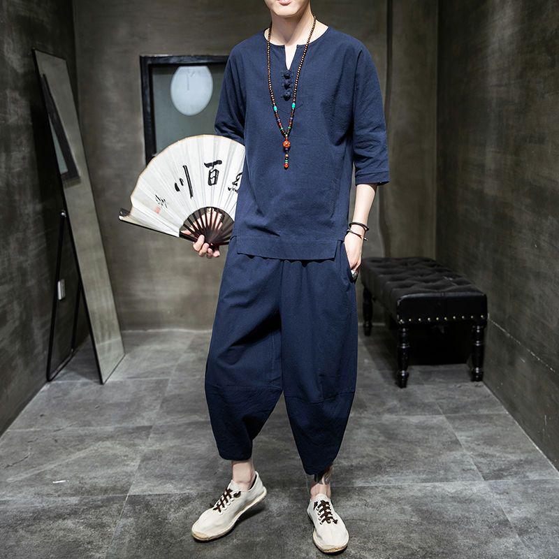 Men's Retro Chinese-Style Cotton & Linen Buttoned Three-Quarter Sleeve T-Shirt and Shorts Set