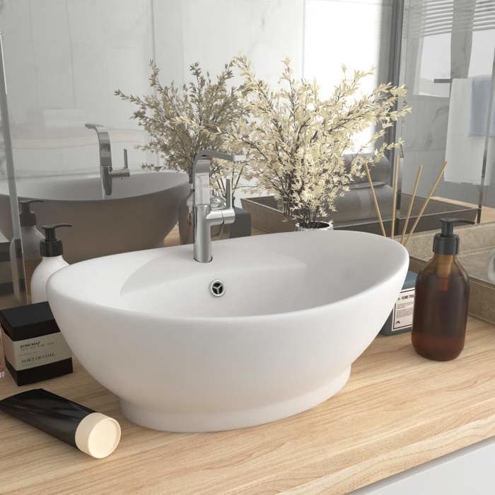 VidaXL Lavabo Ovale de Luxe à Trop-plein Vasque à Poser de Toilette Lave-mains de Salle de Bain Maison Intérieur Blanc Mat 146932