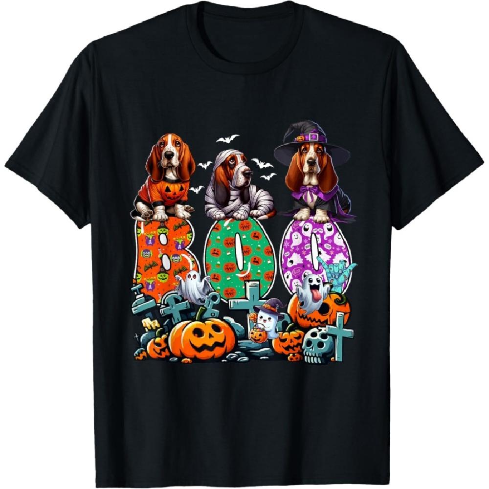 

BOO Three Halloween Basset Hounds Cosplay Witch Mummy Lover T-Shirt S
