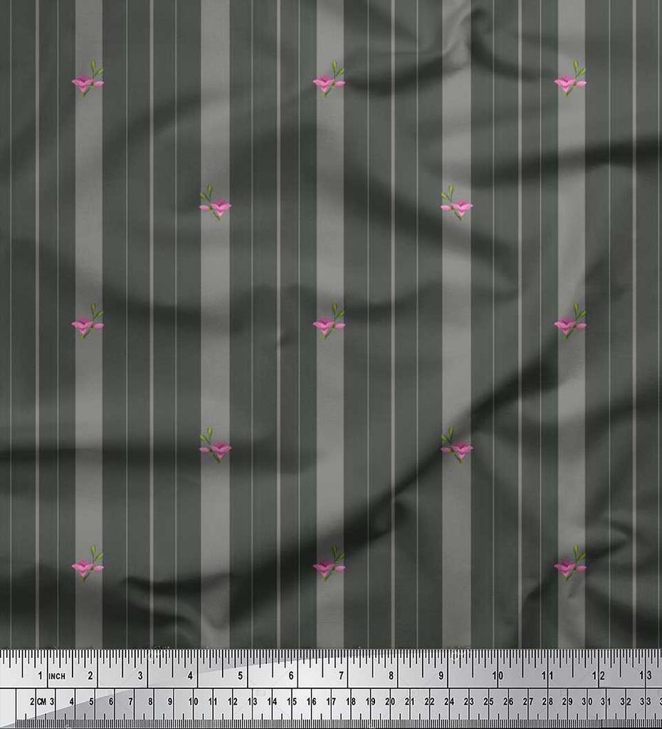 Soimoi Japan Crepe Satin Fabric Artistic Floral & Stripe Fabric Prints By metre 42 Inch