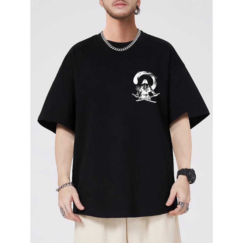 European Size Men'S Trendy Casual T-Shirt Featuring a Dark-Themed Japanese Samurai Sword Print, Breathable Short-Sleeve Top