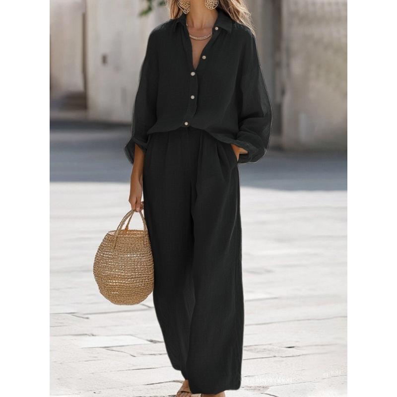 Lady Cotton Linen Shirt Pants Suits Casual Two Piece Set for Women Autumn Long Sleeve Top and Wide Leg Pants Loose Outfits