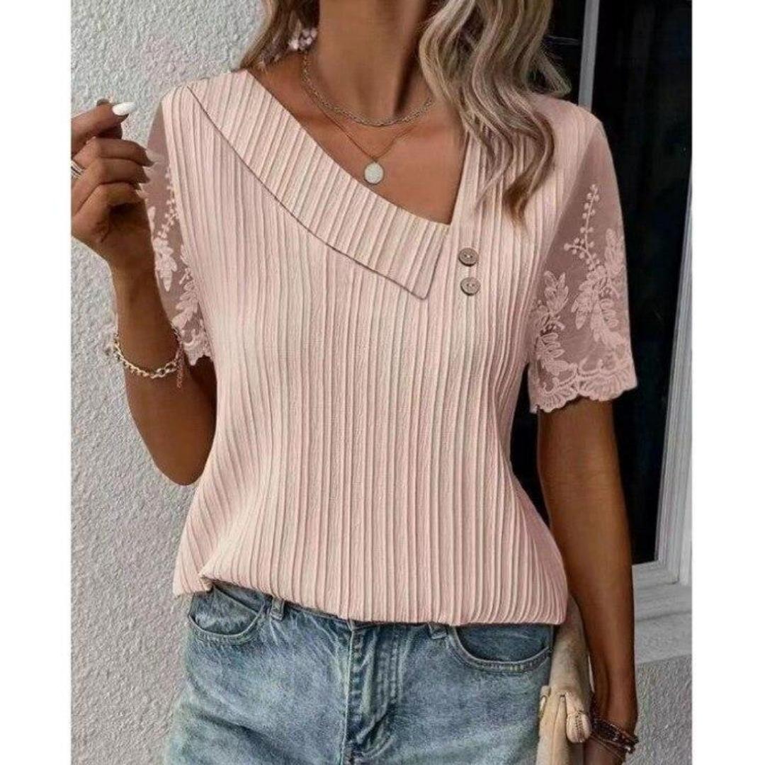 

Кружевная блузка с коротким рукавом, летняя элегантная женская повседневная футболка, топы для женщин, свободная повседневная рубашка с простыми пуговицами L розовый