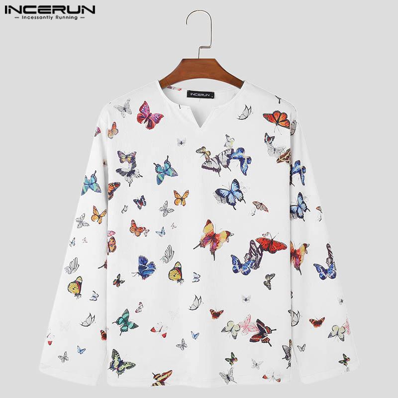 INCERUN Frühling Herbst Tops Männer V-Ausschnitt Langarm Blumendruck Casual Tops