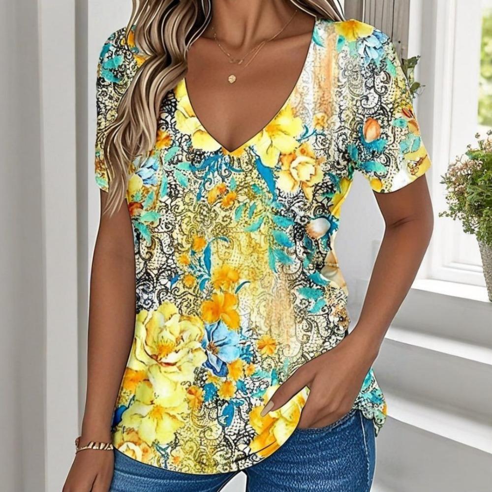 Women's V-neck T-shirt Summer Outdoor Fashion Short-sleeved Casual Top 3D Floral Pattern Women's Clothing