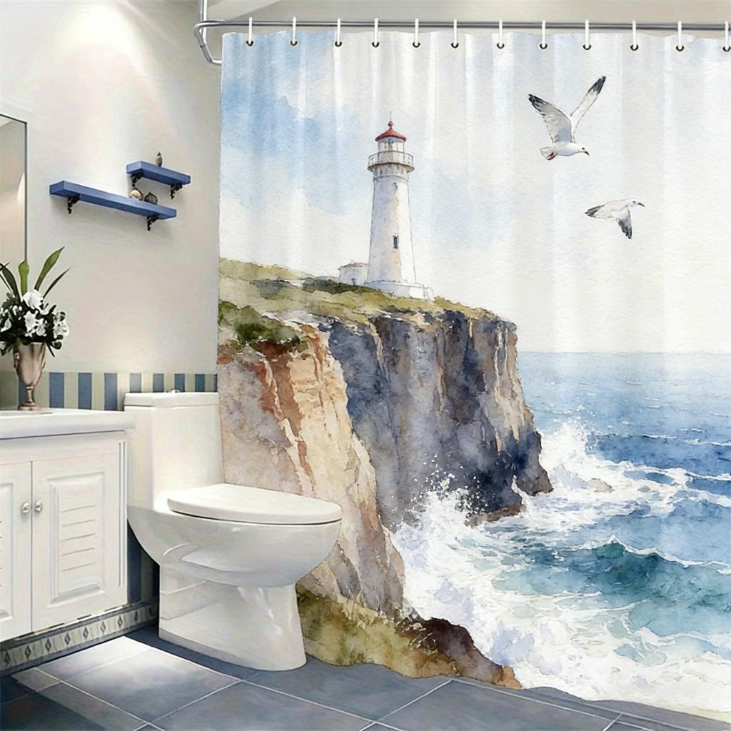 Watercolor Sunset Ocean Sailboat & Seagulls Waterproof Shower Curtain For Bathroom Decor