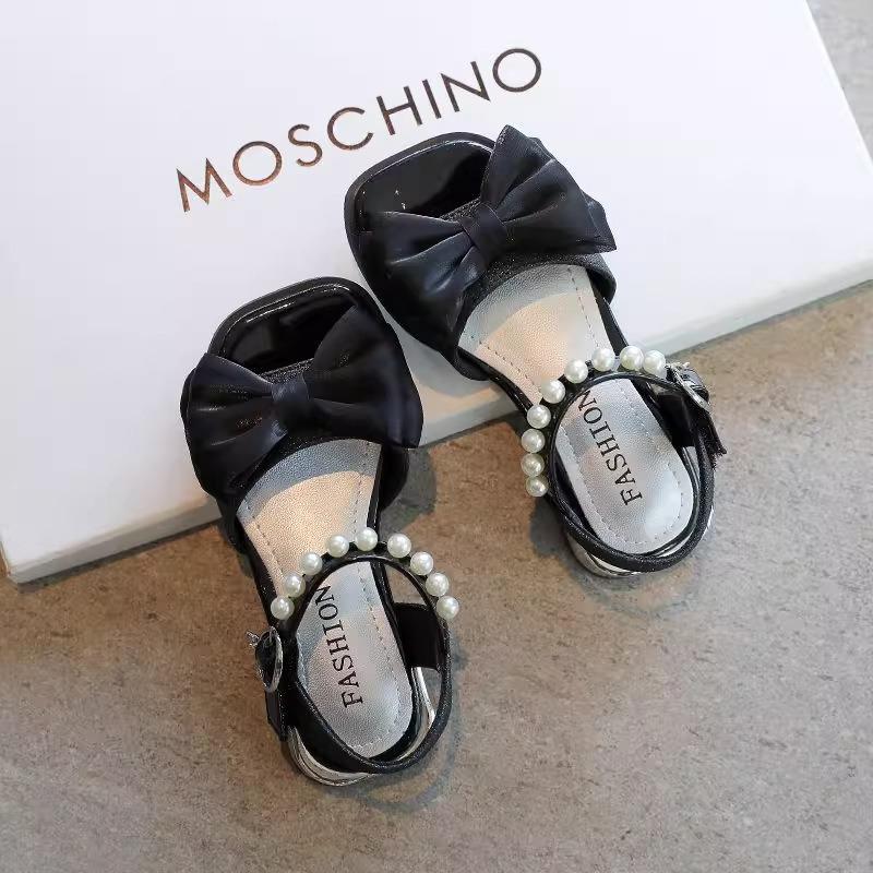 Girls Black Bow Pearl Sandals Open Toe Flat Back Strap Princess Summer Casual Shoes 25 чёрный