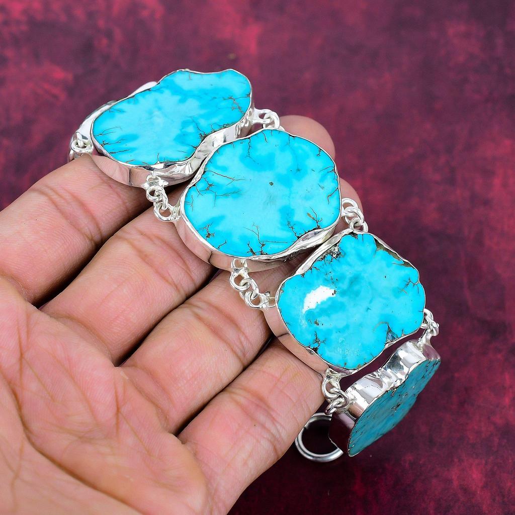 Turquoise Slice Bracelet, Charming Gemstone 925 Solid Sterling Silver Natural Jewelry, Handmade Adjustable Bracelet Jewelry For Her