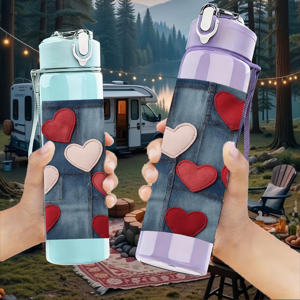 1PC Red Heart Grid Texture 750ml Color Plastic Sports Water Bottle Leakproof Flip Straw Lid For Sports Office Home Use