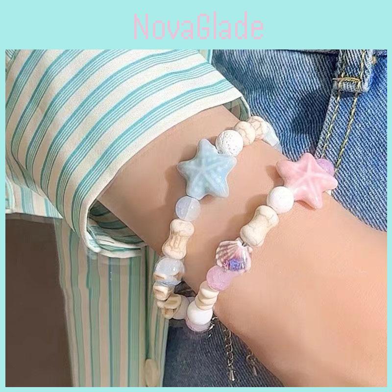 Pink Charming Ceramic Starfish And Shell Beaded Bracelet For Couples And Friends 2024 Summer Trend