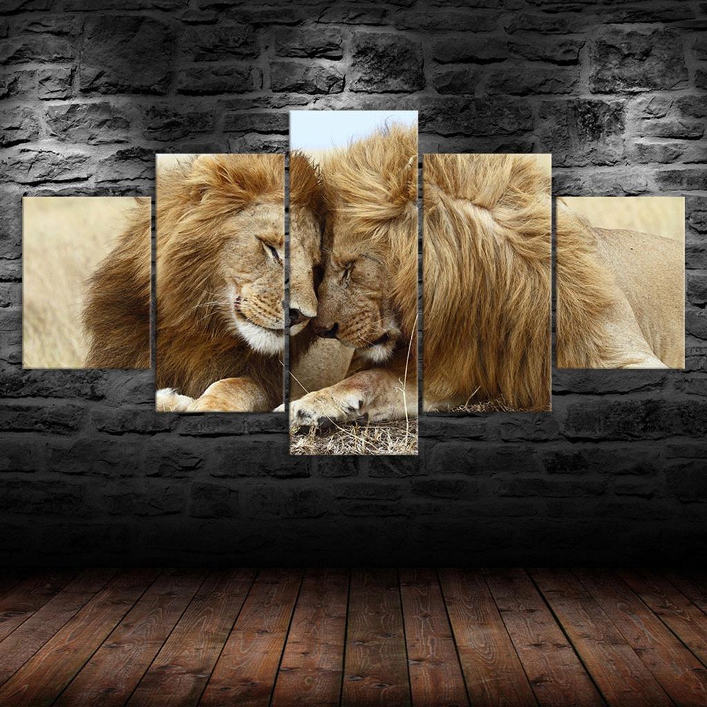 Lion Couple Loving Wild Animal Scene 5 Piece Five Panel Wall Canvas Print Pictures Modern Art Poster Home Decor Gift For Him For Her