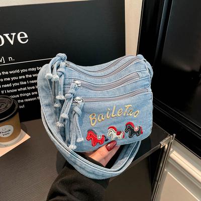 Borsa a tracolla in denim da donna con ricamo a cartoni animati e molte tasche
