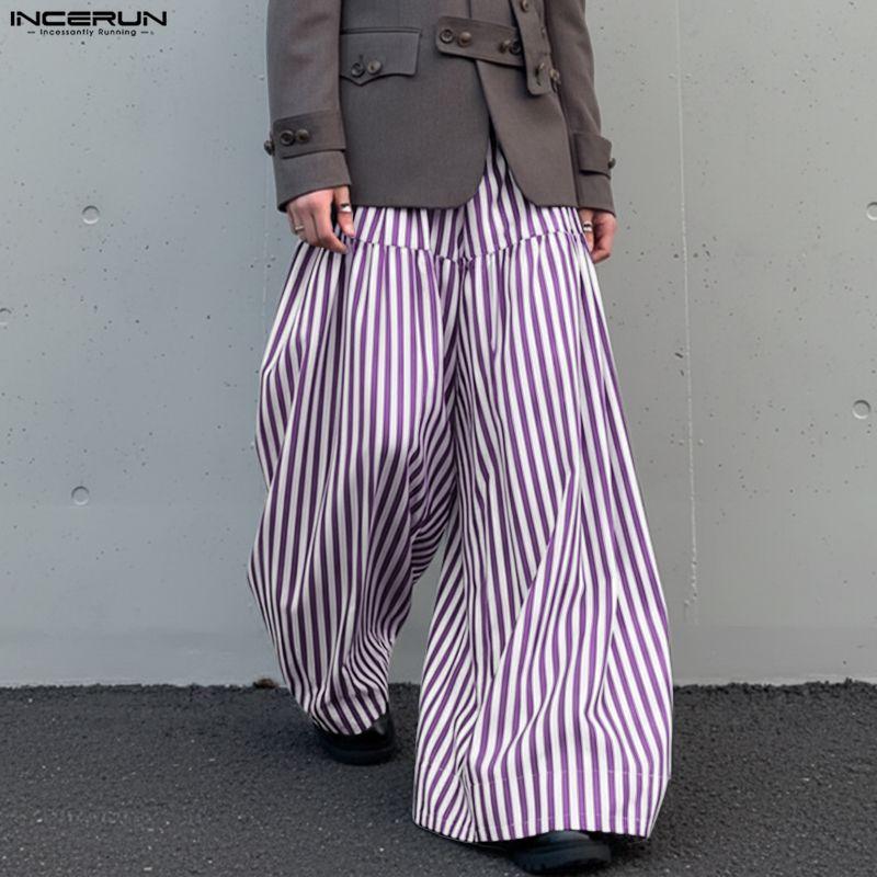 INCERUN Men Elastic Waist Casual Loose Striped Wide Leg Trousers Long Palazzo Pants