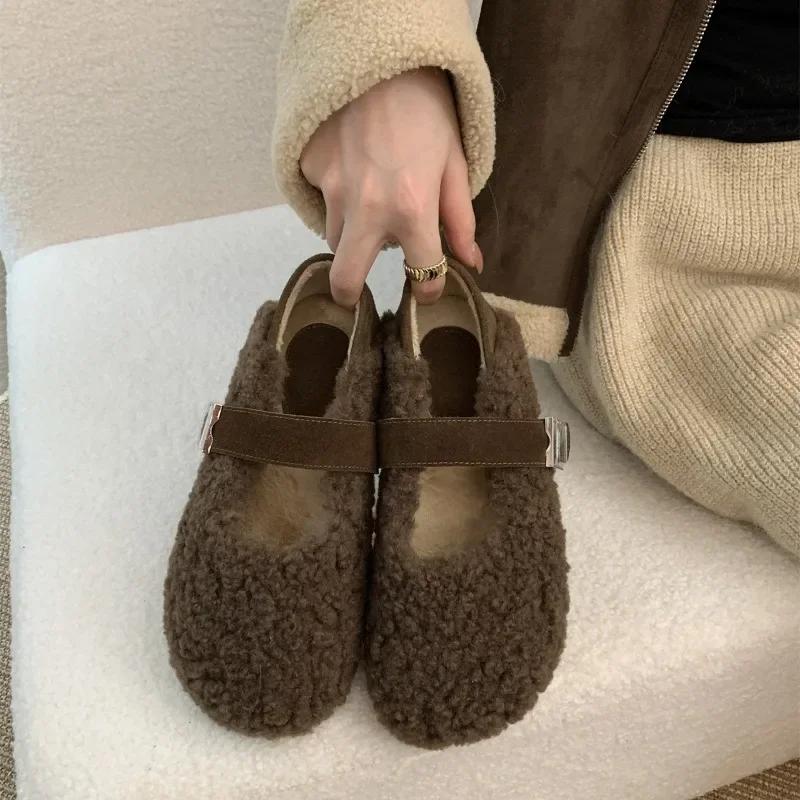 Fashion Color Matching Women's Flats  2024 Hot Sale Ladies Shoes Buckle StrapCasual Flat Shoes New Short Plush Flat Low Heels