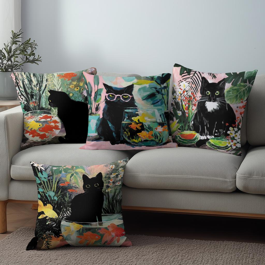 1/4pcs 45x45cm Cute Black Cat Fish Bowl Oil Painting Style Throw Pillow Covers Cushion cover