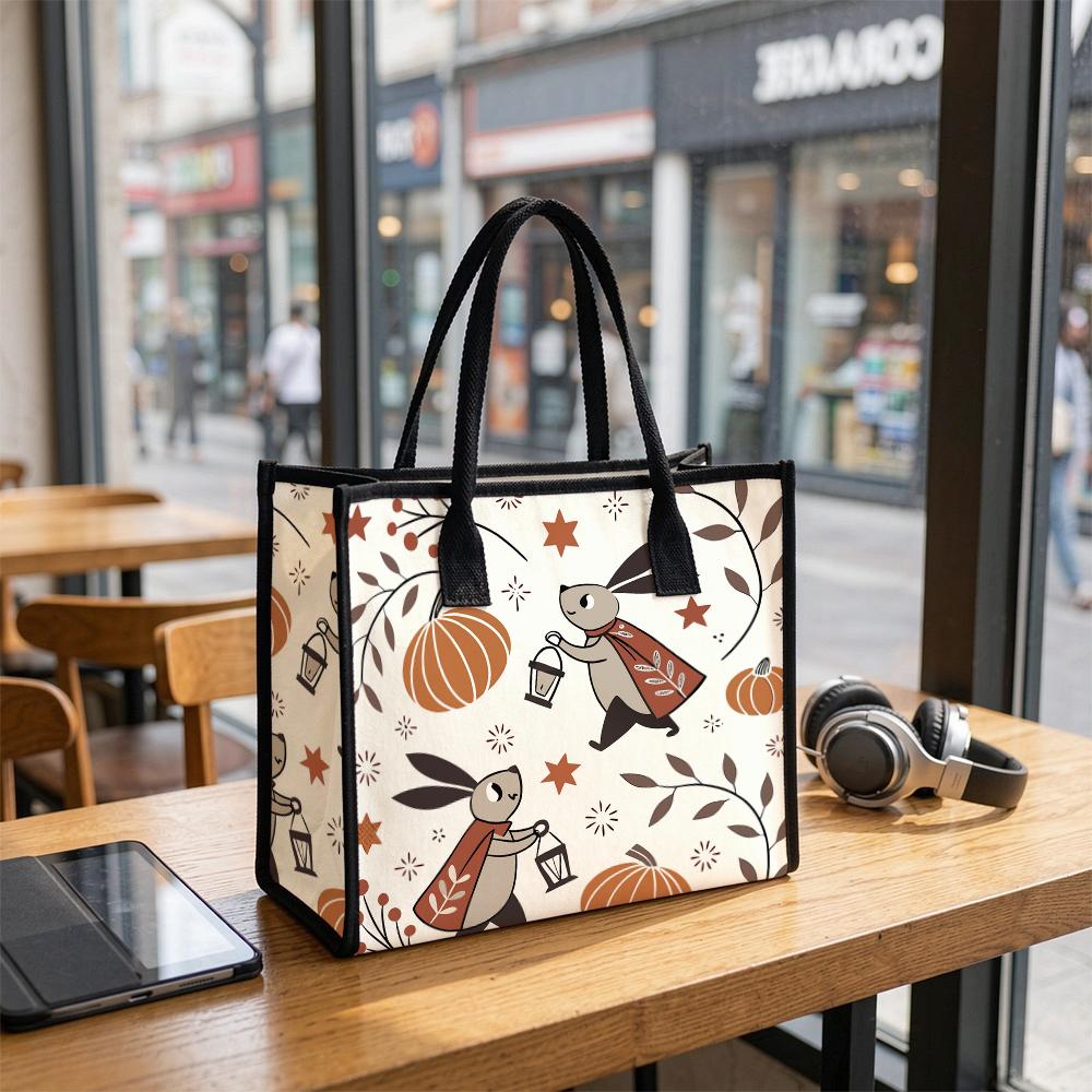 Cute Rabbit Pumpkin Printed Tote Bag Casual Large Capacity Portable Shopping Handbag for Daily Use
