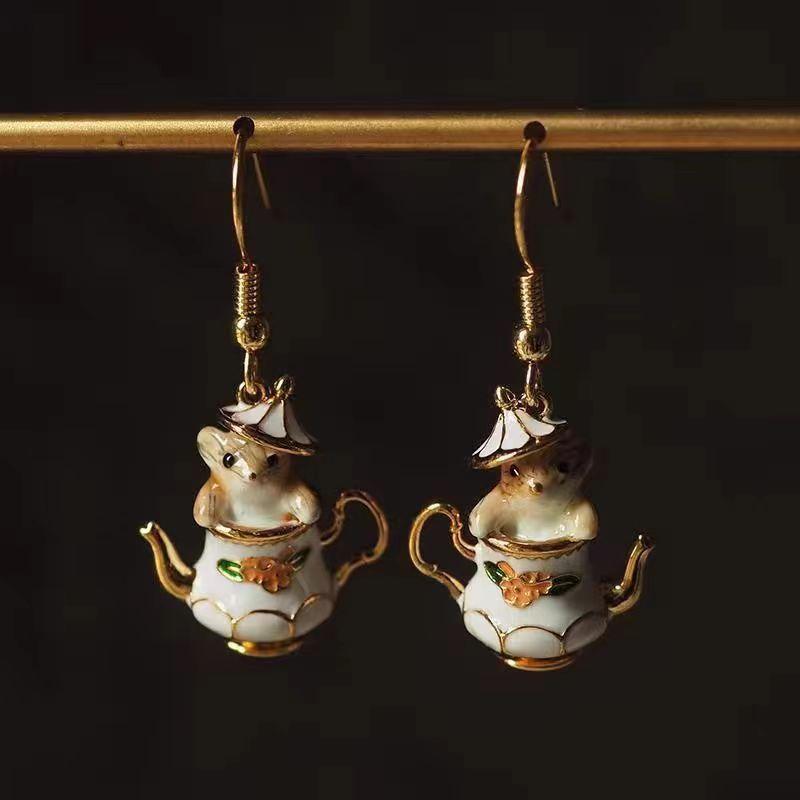 European and American creative cute women cartoon teacup chipmunk earrings necklace handmade Epoxy zodiac mouse pendant set