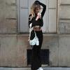 Women Solid Furry Long Sleeve Top Slim Flared Long Pants Two Piece Outfit