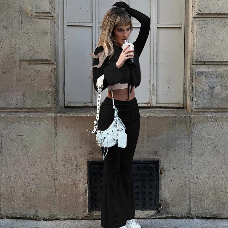 Women Solid Furry Long Sleeve Top Slim Flared Long Pants Two Piece Outfit