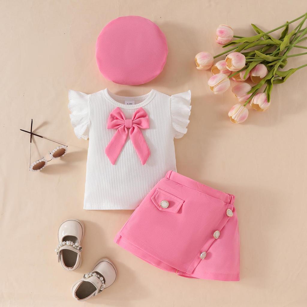 2025 Toddler Girl Ruffle Bow Top, Skort & Beret Set